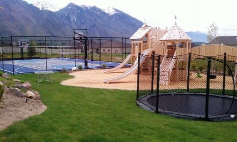 Sports court, Trampoline in the ground, Play ground, Backyard landscaping, Landscape contractor in Alpine, Utah. VERY similar to my uncles backyard setup! Play Ground Backyard, Trampoline Landscaping, Trampoline In The Ground, Trampoline Ideas, Kid Friendly Backyard, Cat Playground Outdoor, Backyard Sports, In Ground Trampoline, Backyard Toys