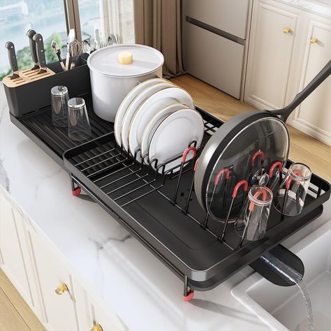 To many dishes? Not to worry, this expandable dish racks it a perfect multifunctional usage. Its self-draining, adjustable and detachable bracket, expandalbe extra spaces and it has non-slip rubber feets. Theres a rack for everything, cutery holder, knife rack, dish rack, multi-functional rack and an extendable spout. Racks For Kitchen, Drying Rack Kitchen, Kitchen Sink Storage, Dish Drying Rack, Knife Rack, Dish Drainers, Dish Rack, Dish Rack Drying, Dish Racks