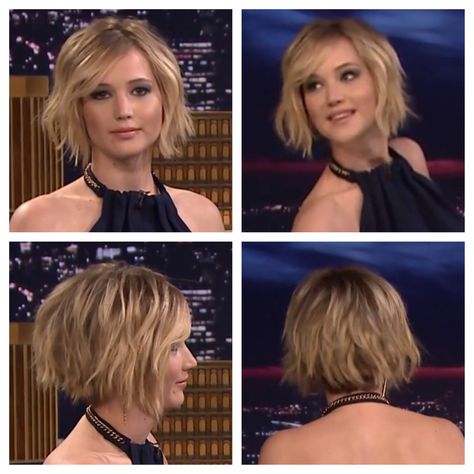 Jennifer Lawrence on Jimmy Fallon - short choppy bob haircut - blonde w/light brown low lights Short Choppy Bobs, Jennifer Lawrence Hair, Stacked Bob Hairstyles, Short Wavy Bob, Choppy Bob Haircuts, Wavy Bob Hairstyles, Choppy Bob Hairstyles, Hair Affair, Top Banana