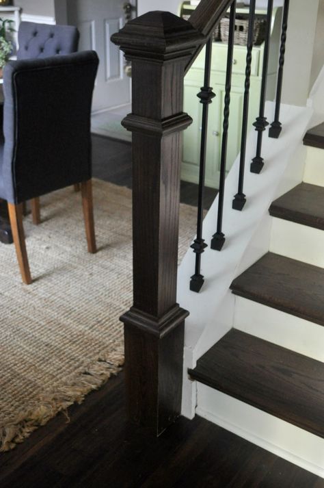 Stained Stair Treads: Before and After - Live Pretty on a Penny Stained Steps Stairways, Staircase Before And After Renovation, Black Treads On Stairs, Stair Case Renovation, Espresso Stained Stairs, Stained Black Stairs, Black Stained Stair Railing, Dark Stain Stair Railing, Black Stain Staircase