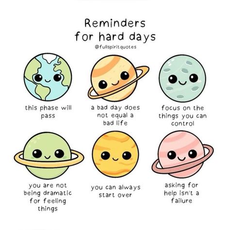 Reminders For Hard Days, Planets Doodle, Cute Planets, Cute Kawaii Art, Positive Reminders, Doodle Cute, Easy Drawing Ideas, Everything Will Be Okay, Space Drawings