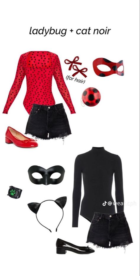 Ladybug Costume Miraculous, Cat Noir And Ladybug Costume, Ladybug And Cat Noir Halloween Costume, Ladybug And Cat Noir Costume, Iconic Duo Halloween Costumes Bff, Iconic Halloween Costumes Duo, Iconic Duos Cartoon, Duo Costume Ideas Best Friends, Bff Halloween Costumes For 2