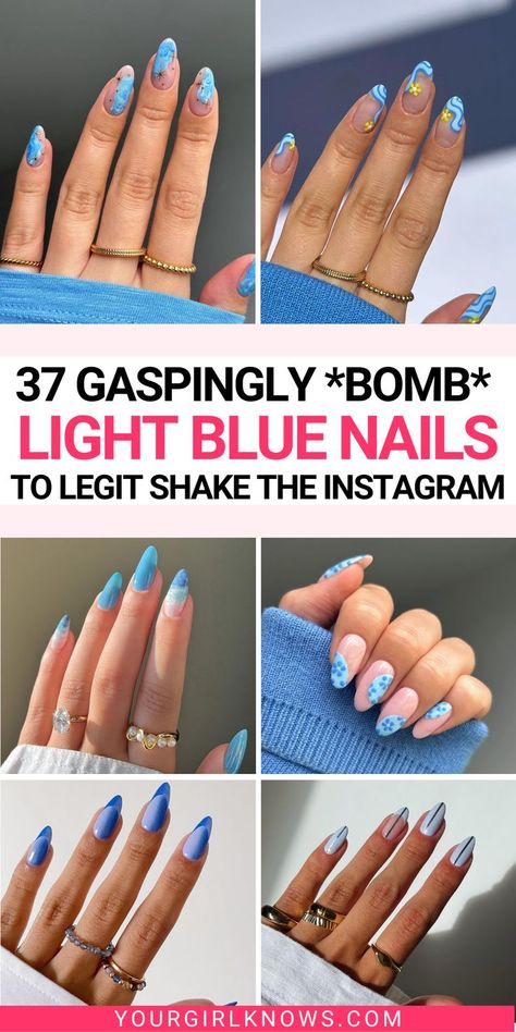 Remember when you were scrolling for light blue nail ideas and couldn't find that perfect inspo? Well, your search is over! Say hello to these 37 jaw-dropping light blue nail designs that are simply unmissable! 
Whether you're into light blue nails short or long, we've got it ALL! Looking for even more variety? We made sure to include every type of nail art for your light blue nails inspo. From subtle and classy to bold and extraordinary, this collection has it all! Light Blue Nails Short, Light Blue Nail Ideas, Cute Nail Ideas Summer, Blue Nails Short, Nail Colors For Dark Skin, Nail Ideas For Spring, Light Blue Nail, Light Blue Nail Designs, Blue Nail Ideas