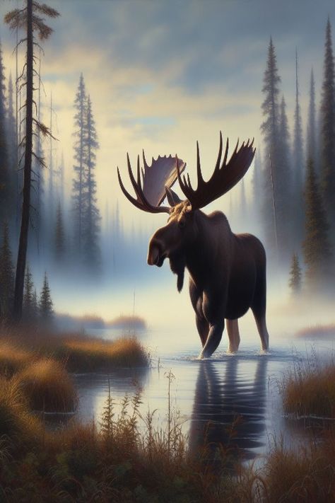 Majestic Moose Wading Check more: https://paintlyx.com/majestic-moose-wading/ Giant Moose Fantasy Art, Antler Art Drawing, Albino Moose, Giant Moose, Moose Painting, Moose Pictures, Funny Moose, Elk Photography, Antler Art