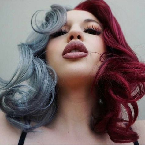 Half & Half hair color gray maroon Half And Half Hair, Split Dyed Hair, Hair Color Burgundy, Hair Chalk, Split Hair, Burgundy Hair, Trendy Hair Color, Short Hair Color, Hair Color Blue