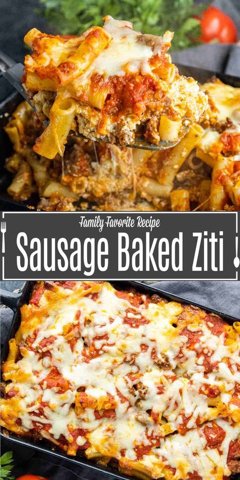 This easy sausage baked ziti is the ultimate comfort food. Pasta, Italian sausage, ground beef, sauce, and lots of cheese this ziti sausage bake is perfect for feeding a family. Ziti sausage bake is a great make ahead meal of time and stored in the refrigerator or freezer. Add ricotta baked ziti to your meal plan this week! Baked Ziti With Sausage And Ricotta, Baked Ziti With Ground Beef And Sausage, Freezer Baked Ziti, Sausage Ziti, Pasta With Hamburger, Sausage Baked Ziti, Baked Ziti With Italian Sausage, Pasta Italian Sausage, Ground Beef Sauce