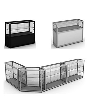 Glass Display Case Retail, L Shape Display Cabinet, Glass Showcase Cabinet, Mica Design, Glass Display Unit, Glass Display Cabinets, Shop Counter Design, Glass Counter, Store Shelves Design