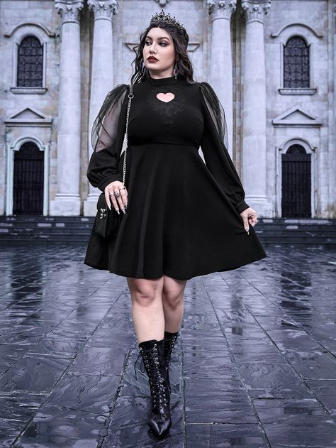 Black Party Collar Long Sleeve Fabric Floral A Line Embellished Slight Stretch  Plus Size Dresses Goth Outfits Plus Size, Simple Goth Outfit, Plus Size Goth Fashion, Plus Size Goth Clothes, Alternative Fashion Plus Size, Summer Goth Outfits, Goth Plus Size, Plus Size Goth, Edgy Dress