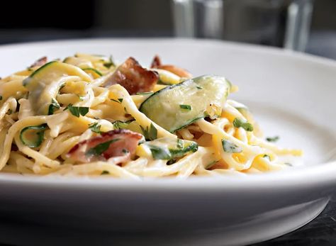 Zucchini Carbonara With Bacon Recipe — Eat This Not That Zucchini Carbonara, Carbonara Recipe, Bacon Pasta, Eat This Not That, Calorie Recipes, Healthier Recipes, Healthy Pasta Recipes, Healthy Pastas, Bacon Recipes