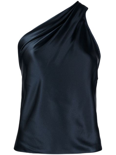 charcoal grey silk satin weave draped detailing one-shoulder sleeveless straight hem Satin One Shoulder Top, Silk Corset Top, Silk Blouse Outfit, Satin Tops, Luxury Tops, Statement Tops, Fancy Fits, Scrub Corpo, Silk Fashion