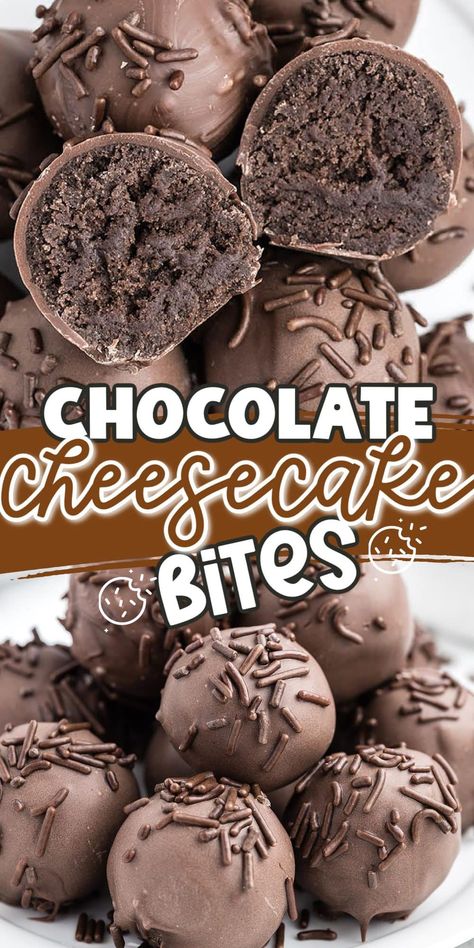 Chocolate Cheesecake Bites Recipe, Chocolate Cheesecake Bites, Cheesecake Truffles, Cake Ball Recipes, No Bake Chocolate Cheesecake, Cheesecake Bites Recipe, Dessert Truffles, Cake Pop Recipe, Candy Recipes Homemade