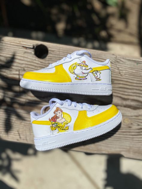 Beauty and the Beast themed custom painted AF1’s. #beautyandthebeast #disney #customaf1 #customsneakers #belle #princess Beauty And The Beast Quinceanera Dress, Beauty And The Beast Shoes, Sneakers Painting, Painted Af1, Belle Disneybound, Disney Nike, Baby Swings And Bouncers, Quinceanera Shoes, Belle Shoes