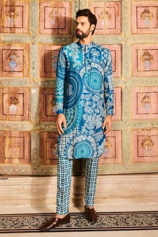 Shop Nayna by DiyaRajvvir - Aza Fashions Indian Wedding Suits Men, Raw Silk Embroidery, Seema Gujral, Blue Grid, Blue Kurta, Print Pant, Grid Print, Embroidery Floral, Wedding Suits Men