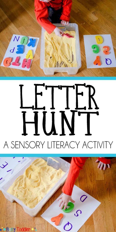 Letter Hunt for Early Literacy: A sensory literacy activity for toddlers and preschoolers learning the alphabet. Literacy Activity For Toddlers, Letter Hunt, Activity For Toddlers, Aktiviti Kanak-kanak, Abc Activities, Preschool Literacy, Toddler Snacks, Aktivitas Montessori, Toddlers And Preschoolers