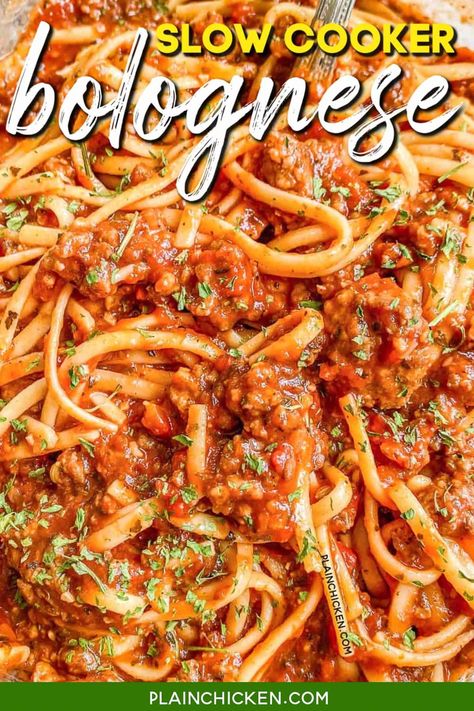 THE BEST Slow Cooker Bolognese Sauce - Italian sausage, garlic crushed tomatoes, tomato paste, water, oregano, basil, onion, fennel, sugar, salt, and pepper cook all day in the crockpot. Hands-down THE BEST spaghetti sauce EVER! Everyone raves about this sauce. We make this all the time. Freeze leftovers for a quick meal later! #slowcooker #crockpot #spaghettisauce Slow Cooker High Protein, Quick Bolognese, Keto Suppers, Chicken With Spaghetti Sauce, Meat Casseroles, Freeze Leftovers, Slow Cooker Bolognese Sauce, Crockpot Spaghetti Sauce, Slow Cooker Spaghetti Sauce