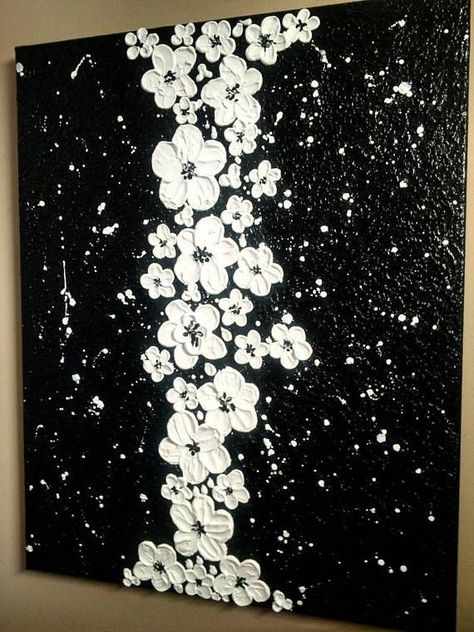 Impasto Flowers, Black Background Painting, Moon Clock, Flowers Black And White, Diy Abstract Canvas Art, Best Flowers, Painting Canvases, Etsy Ideas, Flowers Black