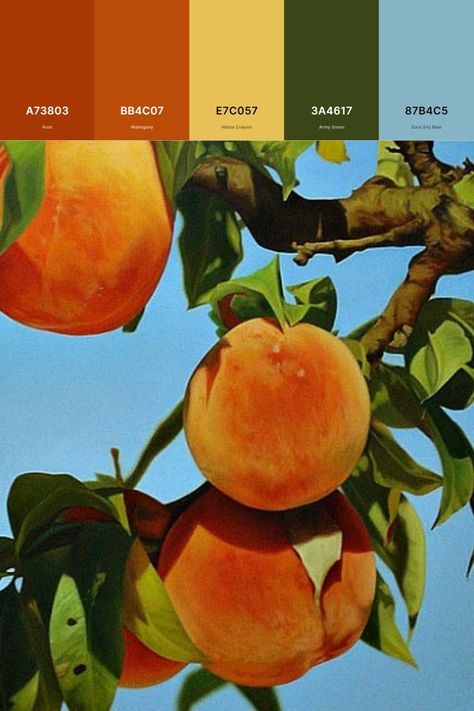 Original Post: https://stilllifequickheart.tumblr.com/post/30104870729/mustafa-hulusi-peaches-2012 Pic not owned by me, only the colour palette Peach And Green Aesthetic, Mango Color Palette, Matcha Palette, Tree Colour, Peach Color Palettes, Peach And Green, Dark Skies, The Colour, Green Aesthetic