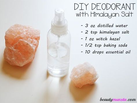 3 oz distilled water (where it get) 2 tsp fine Himalayan pink salt (where to get it) 1 oz witch hazel (where to get it) 1 tsp baking soda (where it get) Salt Deodorant, Joululahjat Diy, Deodorant Recipe, Deodorant Recipes, Diy Deodorant, Himalayan Sea Salt, Homemade Deodorant, Diy Kosmetik, Diy Cosmetics