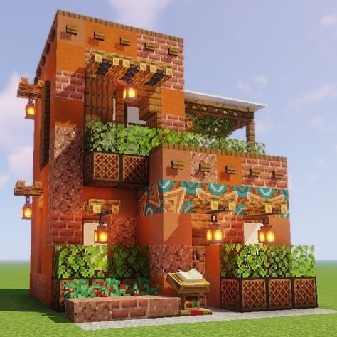 Minecraft Shop Front Ideas, Minecraft Glazed Terracotta House, Minecraft Terracotta House Ideas, Spanish Style Homes Minecraft, Minecraft African House, Minecraft Terakota House, Spanish Style Minecraft House, Minecraft Encanto House, Acacia Biome House Minecraft