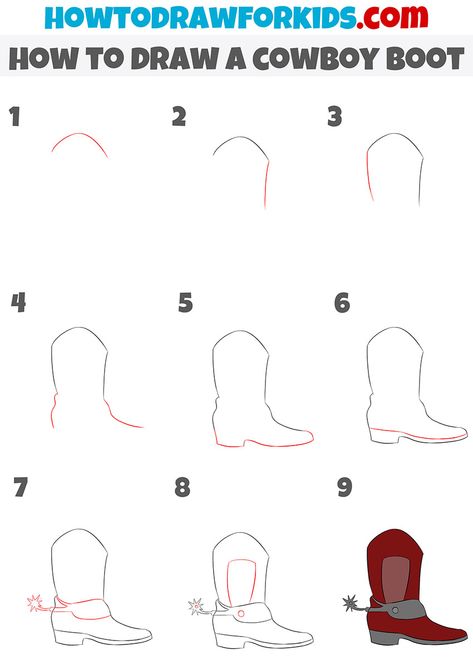 how to draw a cowboy boot step by step How To Draw A Cowgirl Boot, Easy Cowboy Boots Drawing, Cowboy Boots Art Reference, Easy Boot Drawing, Cowboy Boot Outline Drawing, Cowboy Boots Acrylic Painting, How To Draw A Cowboy Hat Step By Step, How To Draw A Cowboy Boot Step By Step, How To Draw Boots Step By Step