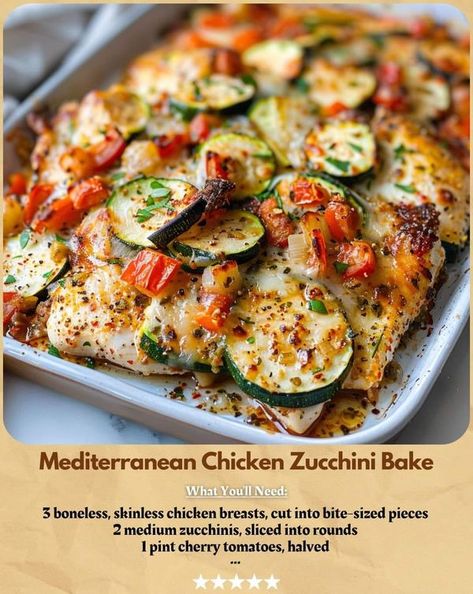 Easy Recipes For Family | Mediterranean Chicken Zucchini Bake | Facebook Chicken And Zucchini Bake, Valerie Bertinelli Recipes Food Network Chicken, Mediterranean Diet Zucchini Recipes, Mediterranean Chicken Zucchini, Chicken And Squash Recipes, Mediterranean Zucchini Chicken Bake, Chicken Zucchini Casserole Healthy, Mediterranean Chicken And Zucchini, Mexican Chicken And Zucchini Recipes