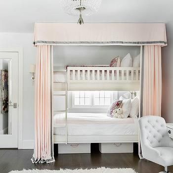 Small Round White Trestle Accent Table in Middle of Foyer - Transitional - Entrance/foyer Bunk Bed In Front Of Window Ideas, Bunk Bed Against Window, Bunk Beds In Front Of Window, Canopy Bunk Bed Ideas, Pink Bunk Beds For Girls Room, Bunk Bed In Front Of Window, Pink And Gray Curtains, Canopy Bunk Bed, Bunk Beds With Curtains