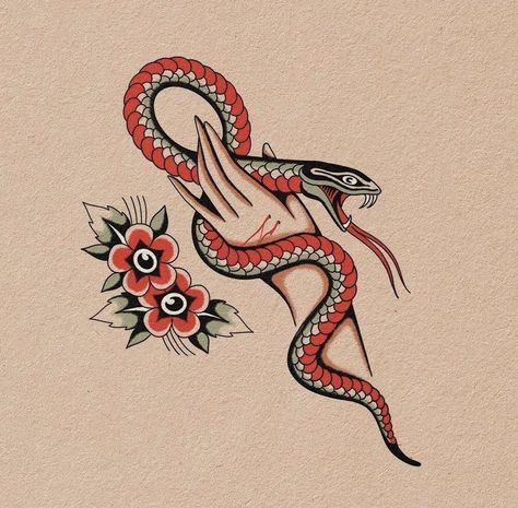 American Traditional Snakes, Traditional Snake Tattoo Flash, Old School Snake Tattoo Design, Fineline Traditional Tattoo, Snake American Traditional Tattoo, Traditional Tattoos Snake, Trad Snake Tattoo, Hand Traditional Tattoo, Old School Hand Tattoo