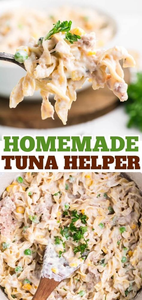 Homemade Tuna Helper is a delicious twist on boxed tuna helper loaded with egg noodles, green peas, corn, cream cheese, parmesan cheese and tuna all in a creamy sauce. Homemade Tuna Helper, Tuna Helper, Easy Tuna Recipes, Corn Cream, Tuna Dinners, Tuna Fish Recipes, Canned Tuna Recipes, Healthy Food Facts, Cheap Healthy Meals