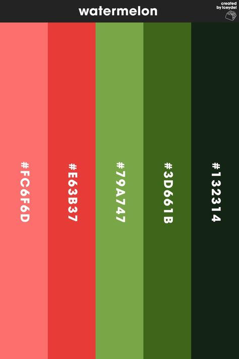 Watermelon Fruit inspired colour palette. Providing valuable a colour palette which can be used to colour different designs, whether that be logos, illustrations or related branded content. (Created by Iceydel - Graphic Designer & Illustrator) Food Colors Palette, Watermelon Shark, Watermelon Illustration, Watermelon Wallpaper, Watermelon Fruit, Branded Content, Brand Color Palette, Mood Board Inspiration, Mood Board Design