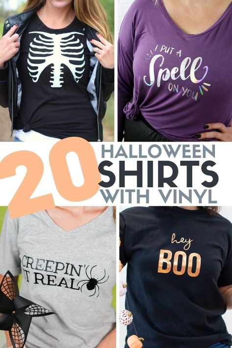 20 of the best DIY Halloween Shirts made with Vinyl! Get your Halloween Fashion for the whole family. #halloweenshirts #halloweencrafts #diyshirts Diy Halloween Shirts, Halloween Tee Shirts, Shirt Tutorial, Cricut Halloween, Batman T Shirt, Vinyl Shirts, Halloween Shirts, Halloween Fashion, Halloween Tees