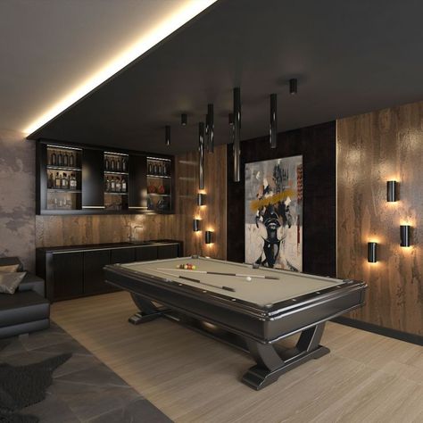 luxurious relaxation and game room in dark tones, with library, gaming computer, musical instruments, projection screen, billiard table and large comfortable sofa Luxury Billiard Room, Billiards Room Decor, Lounge Room Ideas, Luxury Game Room, Modern Game Room, Modern Pool Table, Snooker Room, Pool Table Room, Los Angeles Interior Design