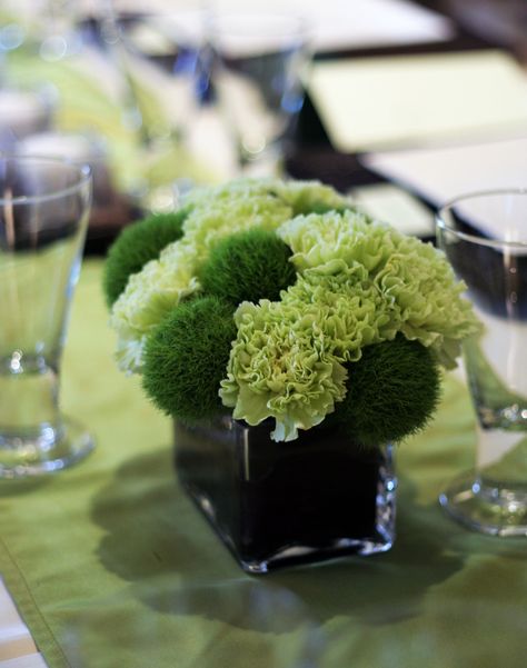 Love the green ball dianthus !  So fresh.... Flowers In Small Vases, Carnation Centerpieces, Carnation Wedding, 50 Birthday Party, Flower Arrangements Ideas, Green Carnation, Floral Designs Arrangements, Irish Blessings, Small Vases