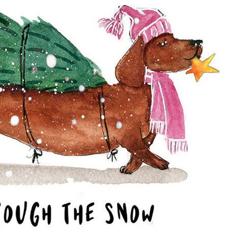 Dachshund dog carrying Christmas tree dashing through the snow to bring the winter season's greetings and the joy of punny jokes. Hand illustrated with watercolor, handmade, and packed all by me from Berkeley California.-A2 size-Blank inside. -Printed on extreme heavyweight matte paper with matching envelope-@LiyanaStudio Follow me on Instagram and Pinterest for more cute, unique, and funny cards gift ideas!Please contact me with any questions, I usually reply super fast!We are trying to be more Snow Gifts, Punny Jokes, Berkeley California, Dachshund Art, Dashing Through The Snow, 강아지 그림, Christmas Card Art, Gifts For Dog Lovers, Dachshund Christmas