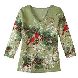 Christmas Decorations Catalog | Collections Etc. Sage Green Shirt, Womens Holiday Tops, Christmas Shirts For Women, Touch Hand, Red Cardinals, Collections Etc, Holiday Tops, Shirt Female, Winter Snowflakes