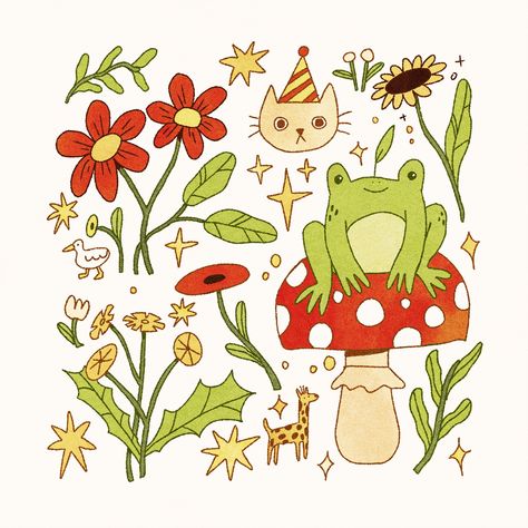 Some doodles for a sketchbook page. Red flowers, frog on a mushroom and a shocked cat! Mushroom Cute Drawing, Frog Sitting Drawing, Red Mushroom Drawing, Procreate 101, Easy Frog Drawing, Frog On A Mushroom, Drawing Tiny, Mushroom Doodle, Brown Journal