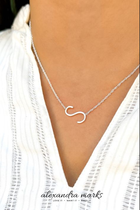 Sterling silver Letter S initial necklace from Alexandra Marks Jewelry. Letter Pendent, Letter K Necklace, Gold Initial Necklaces, K Necklace, Letter Necklace Silver, J Necklace, S Initial, Sideways Initial Necklace, Diamond Initial Necklace