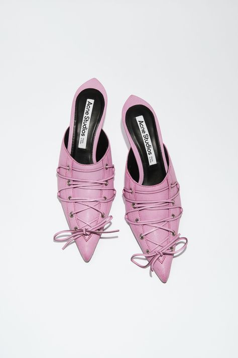 Acne Studios pink mules are crafted from leather, details with lace-up detailing at the front. Complete with a pointed toe and low heel. FN-WN-SHOE000851 Cute Shoes Png, Runway Heels, Clogs Fashion, Clog Fashion, Acne Studios Shoes, Pink Mules, Acne Studio, Shoes Heels Classy, Mule Shoes