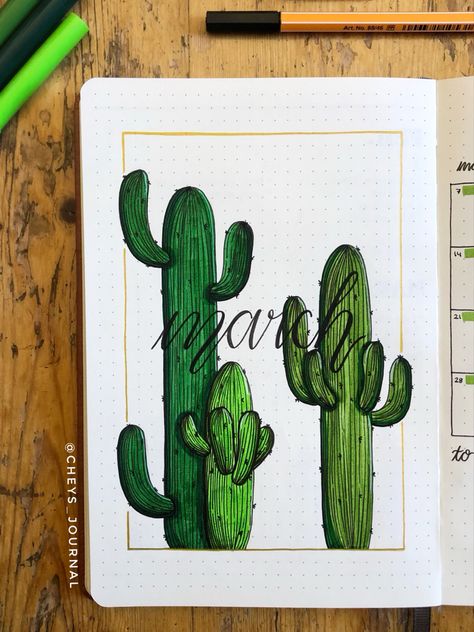 Bullet journal theme for March. Cactus bujo theme. Monthly planner for March. Cactus Bullet Journal, Bullet Journal August, Bullet Journal September, March Themes, Journal 2024, Book Reading Journal, Bullet Journal Ideas Templates, Bond Paper Design, 15 April