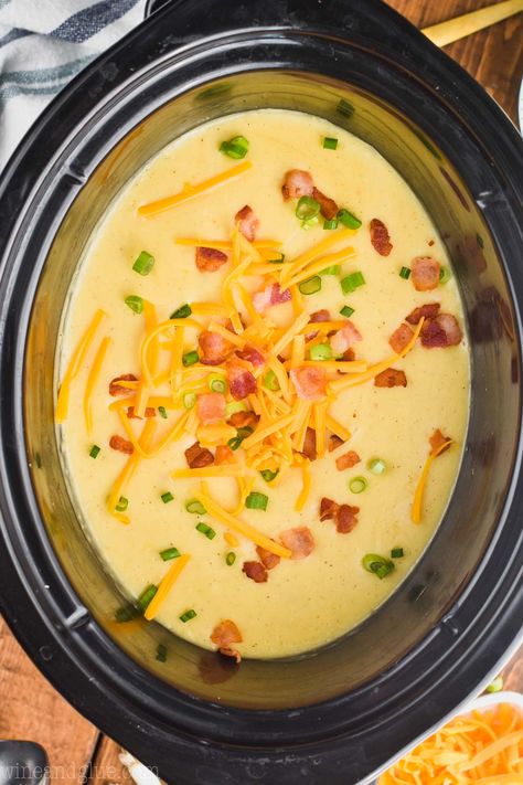 This Crockpot Potato Soup Recipe is easy to make and even easier to eat!  It is the ultimate in comfort food.  Loaded with bacon, cheese, and potatoes, your family will love this loaded baked potato soup recipe. Potato Soup Crockpot Recipes, Potato Soup Crock Pot Easy, Crockpot Potato Soup, Crockpot Potato, Baked Potato Soup Recipe, Chicken Empanadas, Slow Cooker Potato Soup, Slow Cooker Potatoes, Cheesy Potato Soup