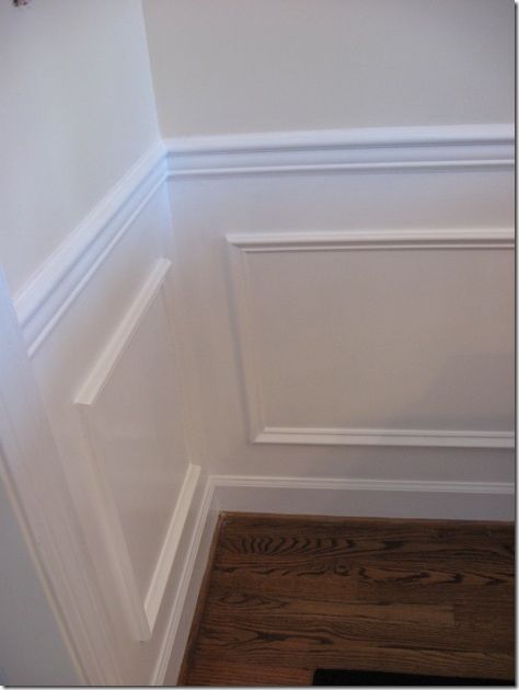 How to install picture frame molding. Blogger stated wasn't sure if done the professional way. Looks good to me and easy instructions. Get caulking to fill gaps. Works for me! Picture Frame Moulding With Chair Rail, Chair Rail Picture Frame Molding, Diy Baseboards, Wainscoting Living Room, Faux Wainscoting, Pic Frame, Wainscoting Bathroom, Wainscoting Styles, Picture Molding