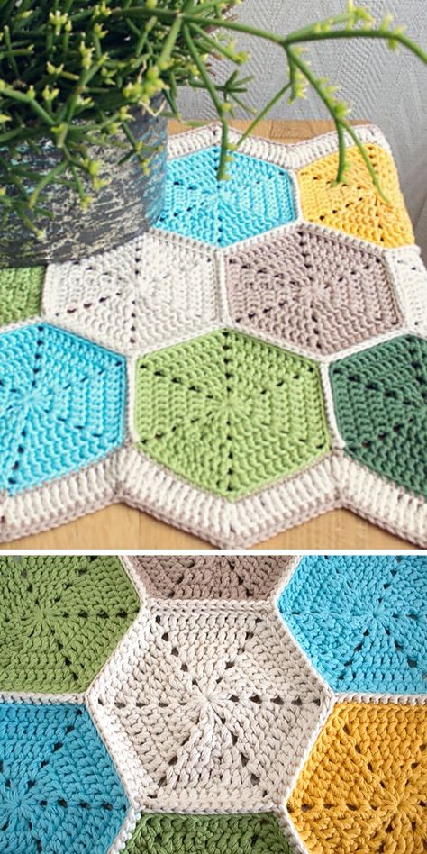 Colorful Table Runners Free Crochet Patterns - 1001 Patterns Hexagon Table Runner, Crochet Table Topper, Christmas Table Runner Pattern, Hexagon Table, Crochet Table Runner Pattern, Crochet Table, Beginner Crochet Projects, Crochet Table Runner, Crochet Blog