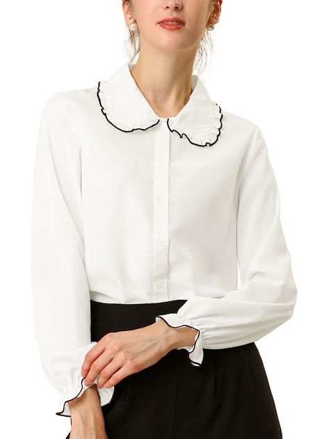 Free 2-day shipping. Buy Allegra K Women's Sweet Ruffle Peter Pan Collar Button Up Work Shirts at Walmart.com Peter Pan Blouse, Prom Costume, Peter Pan Collar Shirt, Work Shirt, Ruffle Collar, Pan Collar, Work Shirts, Peter Pan Collar, Work Casual