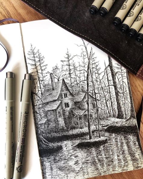 The house next to the river. Architecture and Nature in Ink Drawings. Click the image, for more art from HJ Hospes. Art Drawings Sketches Nature, Ink Nature Drawing, Pen Art Landscape, Ink Art For Beginners, Pen Art Nature, Inked Drawings, Pen Landscape, Drawings Of Nature, River Architecture