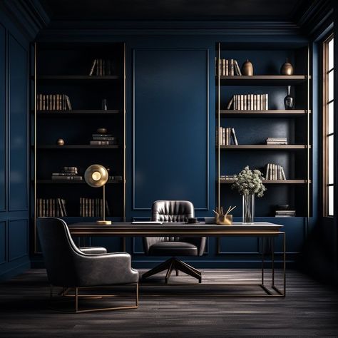 Style and sophistication is captured beautifully in this recent home office design. The deep hues of navy blue complimented by accents of metals prove to be a match made in heaven. Luxury finishes and bespoke shelving mean this design is poised to set you up for success - I mean you already have success, but here is more! So if you're ready to upgrade your home office space, to a room of tranquil serendipity then get in touch today. #HomeOfficeInspo #SuccessMotivation #HomeOfficeStyle Dark Blue Home Office Ideas, Dark Office With Plants, Midnight Blue Office, Dark Blue Office Ideas, Blue Office Interior, Navy Blue Office Ideas, Classic Office Design Luxury, Dark Blue Home Office, Blue Office Design