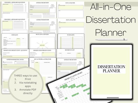 All-in-One Digital Fillable and Printable Dissertation Planner Bundle https://etsy.me/43lrQdX #digital #planner #digital #printable #dissertation #university #thesis #diss #project #bsc #timetable Thesis Planner, University Timetable, Academic Calendar, Research Question, Gantt Chart, Meeting Notes, Time Blocking, Content Page, Project Planner