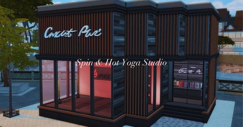 Spin & Hot Yoga Studio + Boba Bar | Patreon Sims 4 Yoga Studio, Boba Bar, Urban House, Hot Yoga Studio, San Myshuno, Sims 4 Build, Cc Sims, Sims 4 Houses, Cc Finds