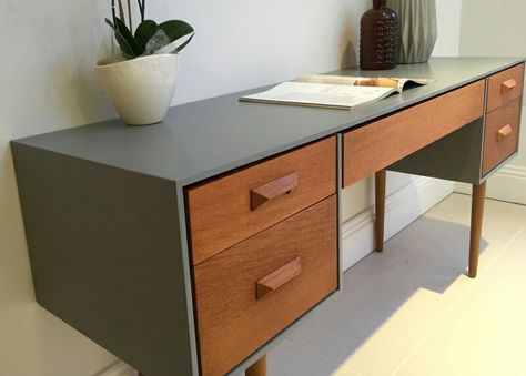 Mid Century Desk Makeover, Modern Vanity Desk, Painted Dining Room, Refinished Desk, Upcycle Desk, Modern Dressing Table, Mid Century Modern Vanity, Revamp Furniture, Mid Century Modern Desk