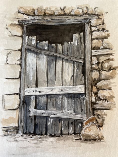 Watercolor Doors Paintings, Doors Watercolor, Old Wood Doors, Watercolor House Painting, Watercolor Architecture, Diy Watercolor Painting, Rustic Doors, Watercolor Ink, 수채화 그림