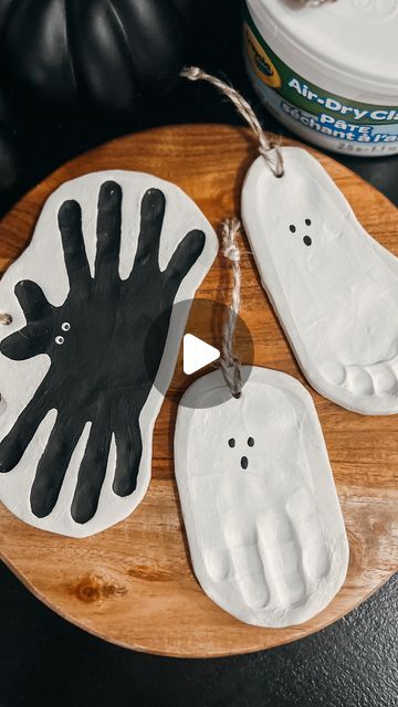 MASON LANE on Instagram: "Spooky Hand & Foot print ornaments 👻🕷️  Supplies: Air Dry Clay Twine/Ribbon Paint Clear Sealer Spray (I used Mod Podge)  #toddlercraft#keepsake#kidscrafts#babycraft#halloween#handprint#footprint#halloweencrafts#halloweencraftsforkids#kidscraftideas" Clay Footprints, Air Dry Clay Halloween Crafts, Foot Print Ornaments, Clay Handprint, Halloween Handprint, Footprint Craft, Spooky Stuff, Foot Print, Salt Dough