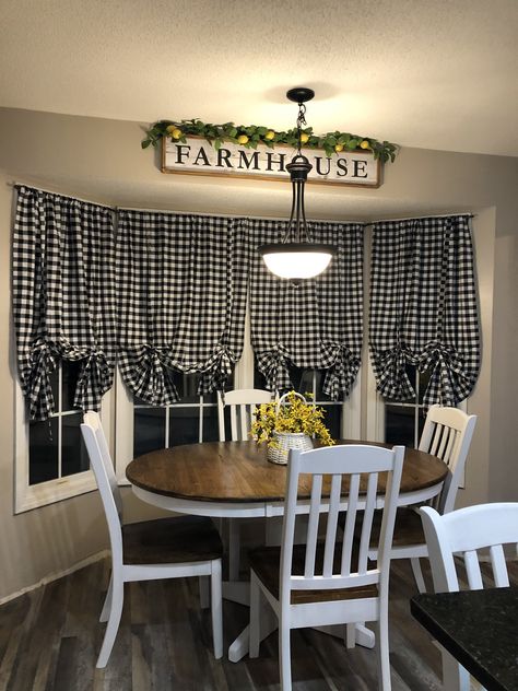 Farmhouse Kitchen Buffalo Plaid, Plaid Curtains Kitchen, Buffalo Plaid Kitchen Curtains, Black And White Plaid Kitchen Decor, Black And White Buffalo Plaid Kitchen, Buffalo Plaid Dining Room Decor, Buffalo Plaid Kitchen Ideas, Buffalo Plaid Dining Room, Office Window Treatments